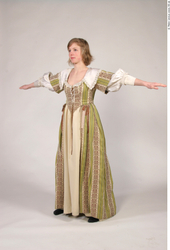 Whole Body Woman T poses White Historical Dress Costume photo references